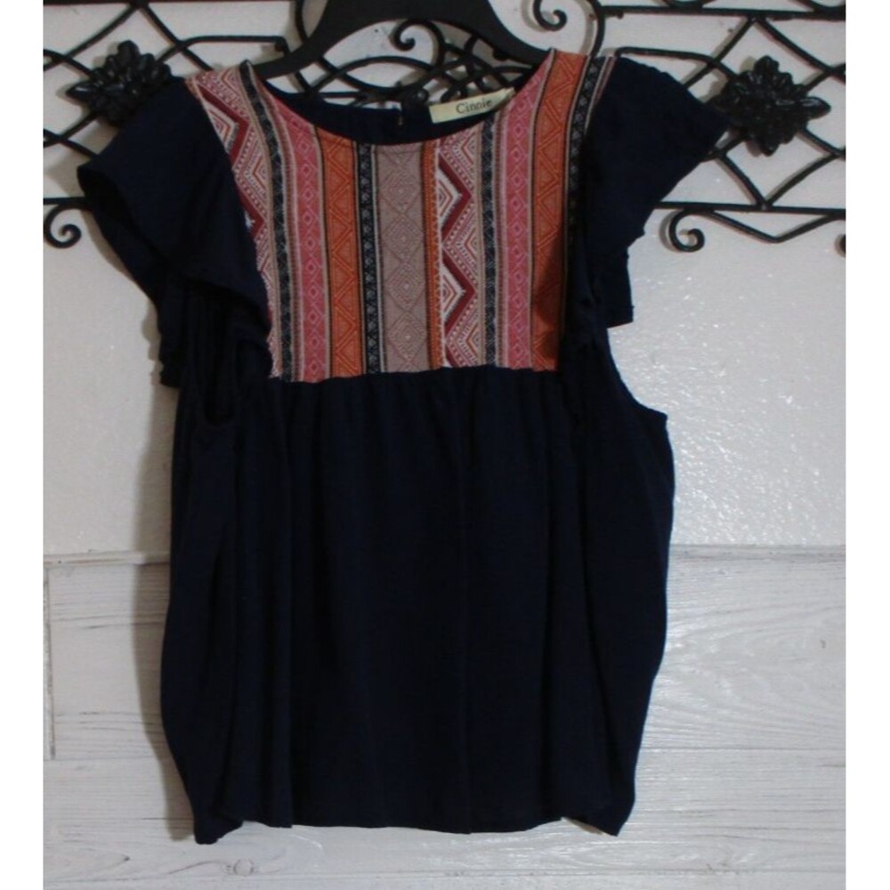 Cinnie Women's Top Size L Short Sleeve Navy Blue Round Neck
